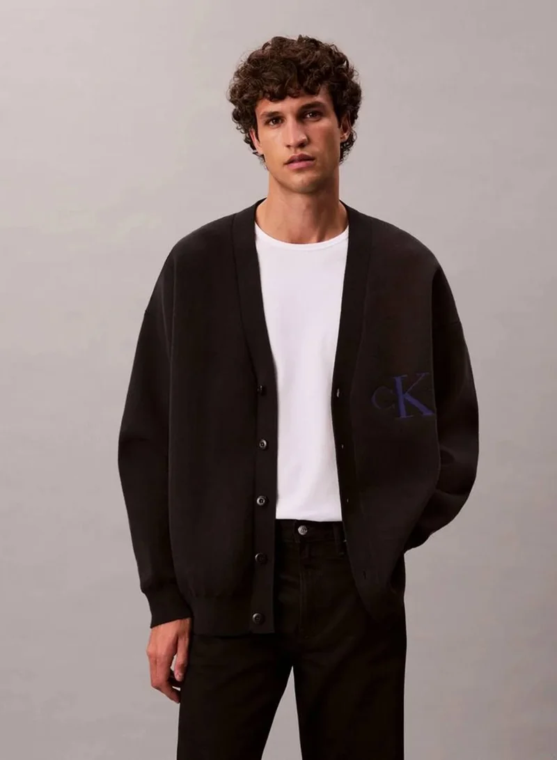Calvin Klein Jeans Black Cotton Blend Monogram Logo Relaxed Cardigan for Men | Best Price UAE