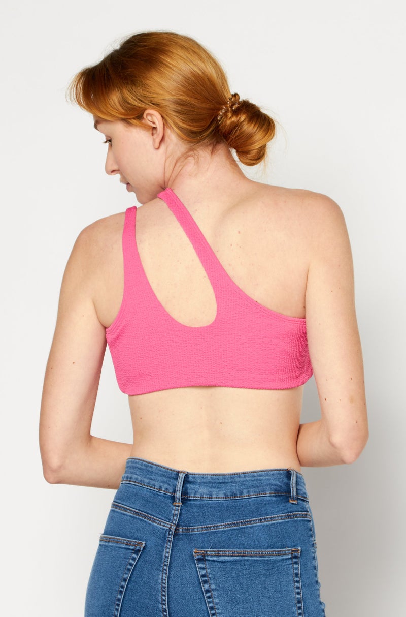 RIVER ISLAND Women Scoop Neck One Shoulder Sleeve Padded Textured Top, Bright Pink - Image 3