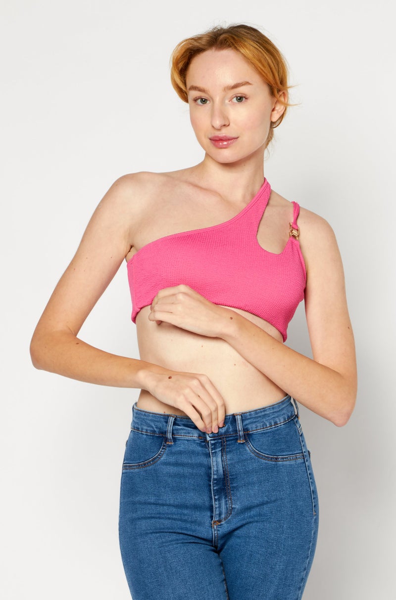 RIVER ISLAND Women Scoop Neck One Shoulder Sleeve Padded Textured Top, Bright Pink - Image 1