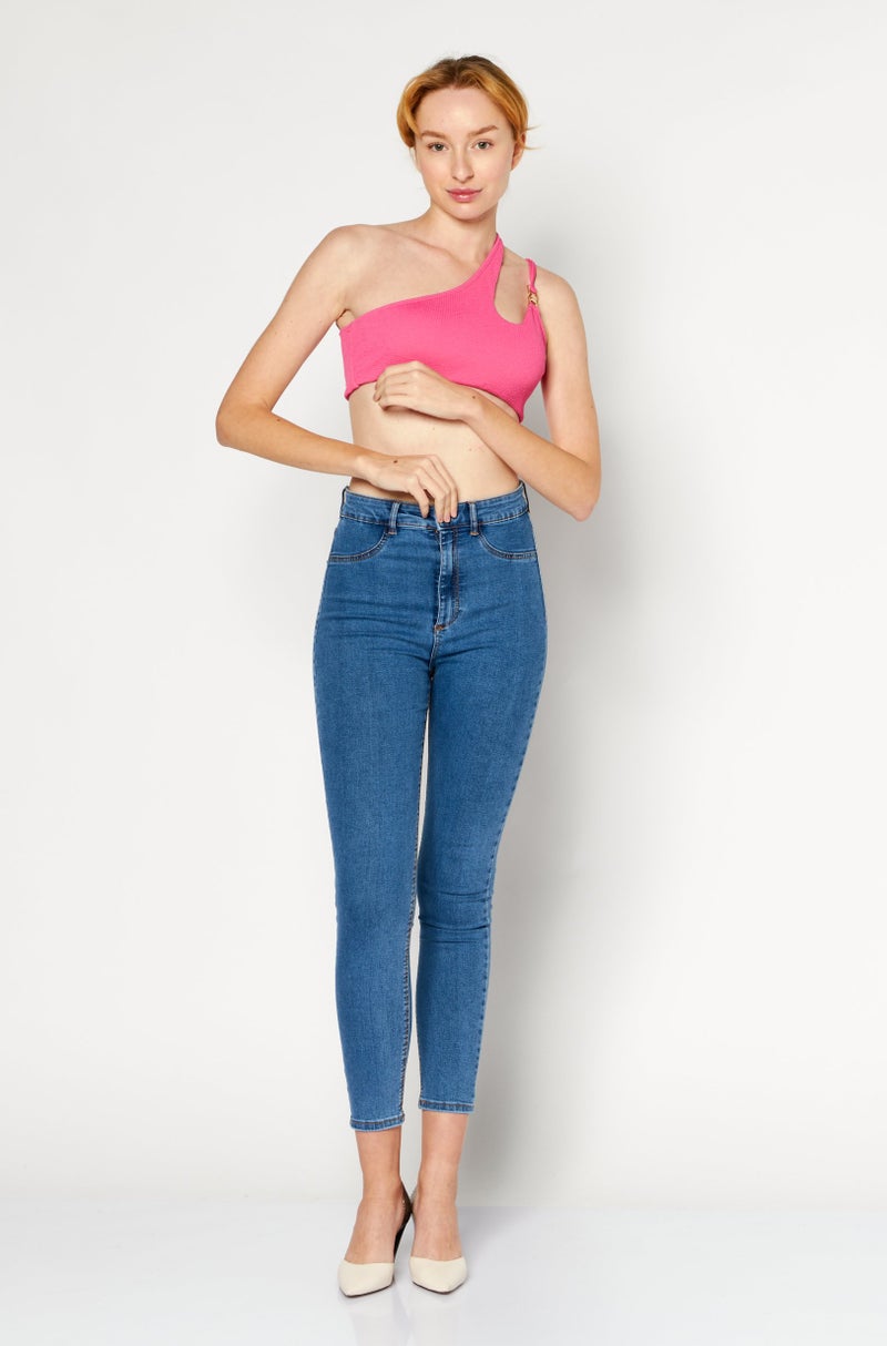 RIVER ISLAND بلوزة نسائية بكتف واحد مع ياقة دائرية مزودة بحشوة، وردي زاهي - Image 4