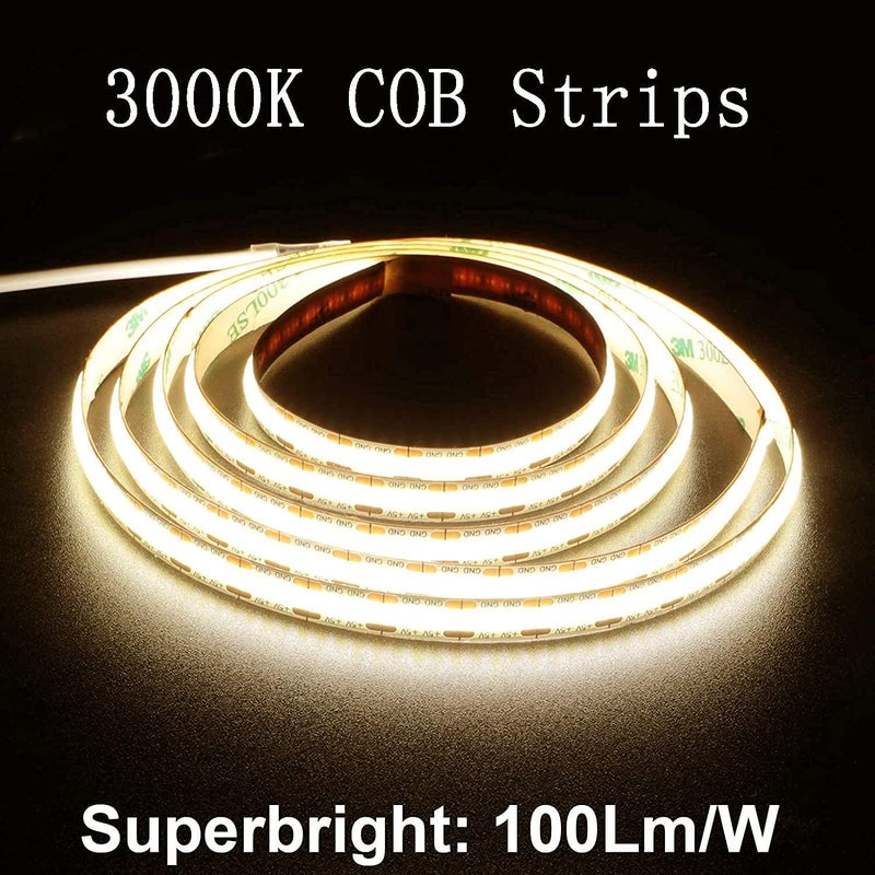 أضواء شريط LED بجهد 5V بلون أبيض دافئ، طول 5 أقدام، تحتوي على 480 مصباح LED من نوع COB، درجة حرارة اللون 3000K، سطوع 1200 لومن، معدل تمثيل الألوان عالي (CRI) أكثر من 80، أضواء شريط LED مرنة لإضاءة خلفية التلفزيون، غرفة النوم، الخزائن، المطبخ، أو للاستخدام في مشاريع الديكور الخاصة (DIY). - Image 3