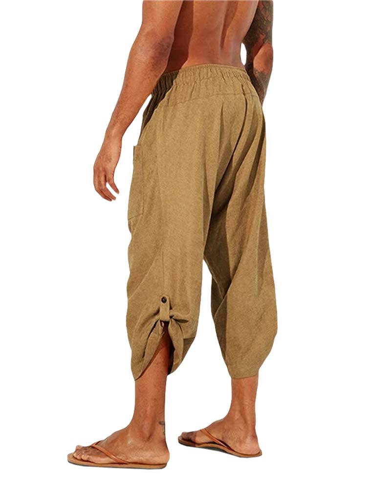 Gafeng Mens Linen Harem Capri Pants Drawstring 3/4 Shorts Casual Beach Yoga Hippie Thai Pants - Image 2
