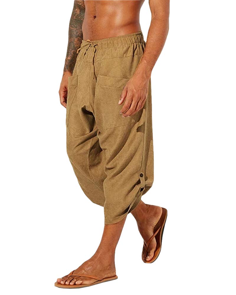 Gafeng Mens Linen Harem Capri Pants Drawstring 3/4 Shorts Casual Beach Yoga Hippie Thai Pants - Image 1