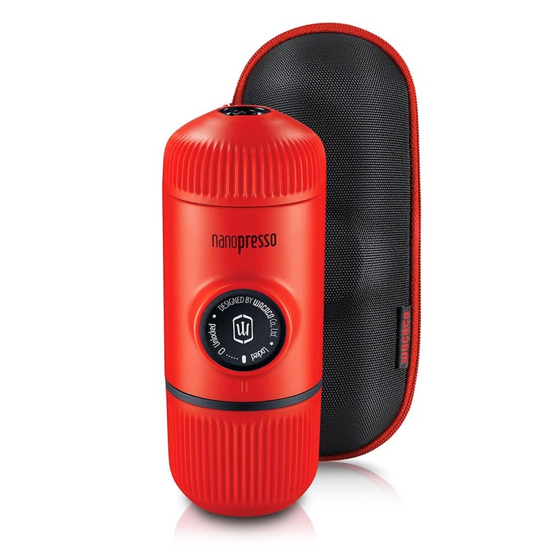 صانعة الإسبريسو المحمولة WACACO Nanopresso مع حقيبة واقية - آلة قهوة صغيرة للسفر مثالية للتخييم والسفر وعيد الشكر وعيد الميلاد هدية قهوة باللون الأحمر البركاني