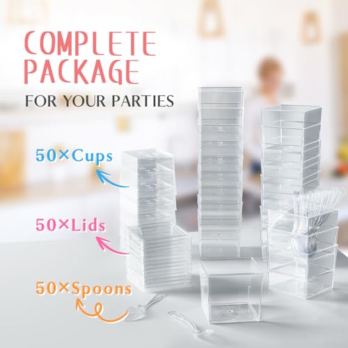 Qeirudu 5 oz Square Dessert Cups with Lids and Spoons, 50 Pack Mini Plastic Dessert Cups Small Serving Cups for Pudding Mousse Yogurt Parfait Appetizers Fruit - Image 3