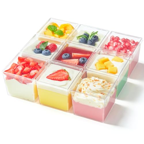 Qeirudu 5 oz Square Dessert Cups with Lids and Spoons, 50 Pack Mini Plastic Dessert Cups Small Serving Cups for Pudding Mousse Yogurt Parfait Appetizers Fruit - Image 1