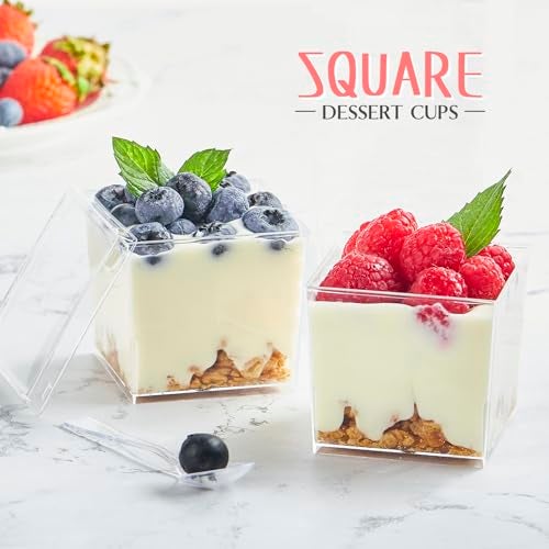 Qeirudu 5 oz Square Dessert Cups with Lids and Spoons, 50 Pack Mini Plastic Dessert Cups Small Serving Cups for Pudding Mousse Yogurt Parfait Appetizers Fruit - Image 4