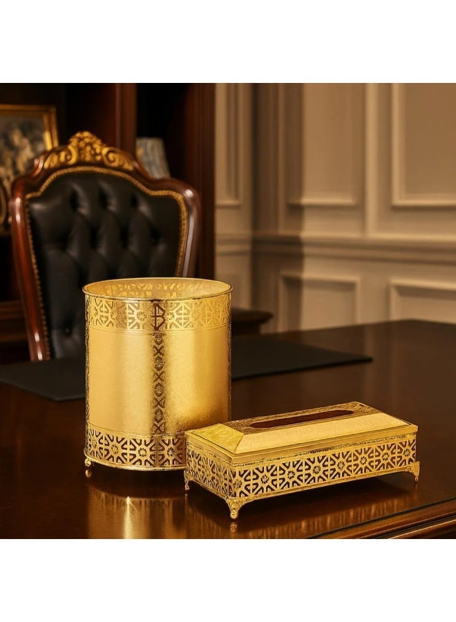 المرحومي طقم سلة مهملات وعلبة مناديل من المعدن و ديكور ذهبي لمنزل انيق و عصري - Image 1