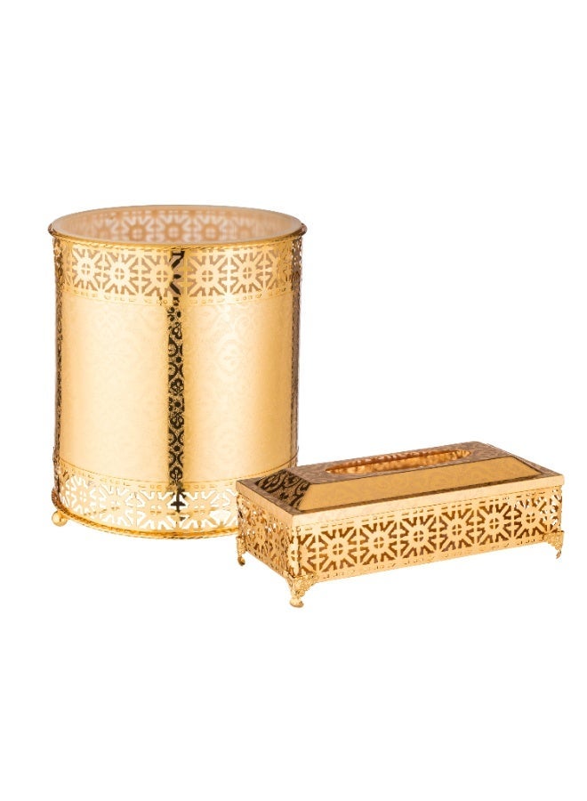 المرحومي طقم سلة مهملات وعلبة مناديل من المعدن و ديكور ذهبي لمنزل انيق و عصري - Image 2