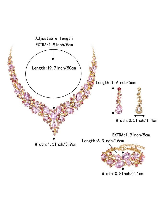 BriLove Wedding Bridal Jewelery For Women Austrian Crystal Teardrop Cluster Statement Necklace Dangle Earrings Link Bracelet Set Pink Gold-Tone - Image 5