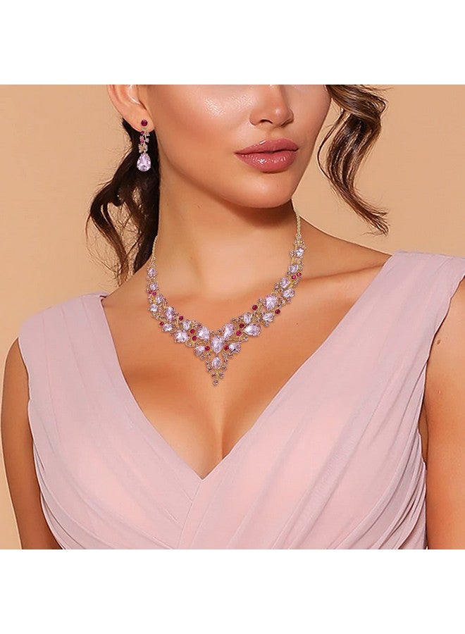 BriLove Wedding Bridal Jewelery For Women Austrian Crystal Teardrop Cluster Statement Necklace Dangle Earrings Link Bracelet Set Pink Gold-Tone - Image 2