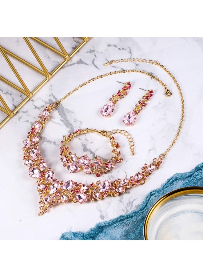 BriLove Wedding Bridal Jewelery For Women Austrian Crystal Teardrop Cluster Statement Necklace Dangle Earrings Link Bracelet Set Pink Gold-Tone - Image 4