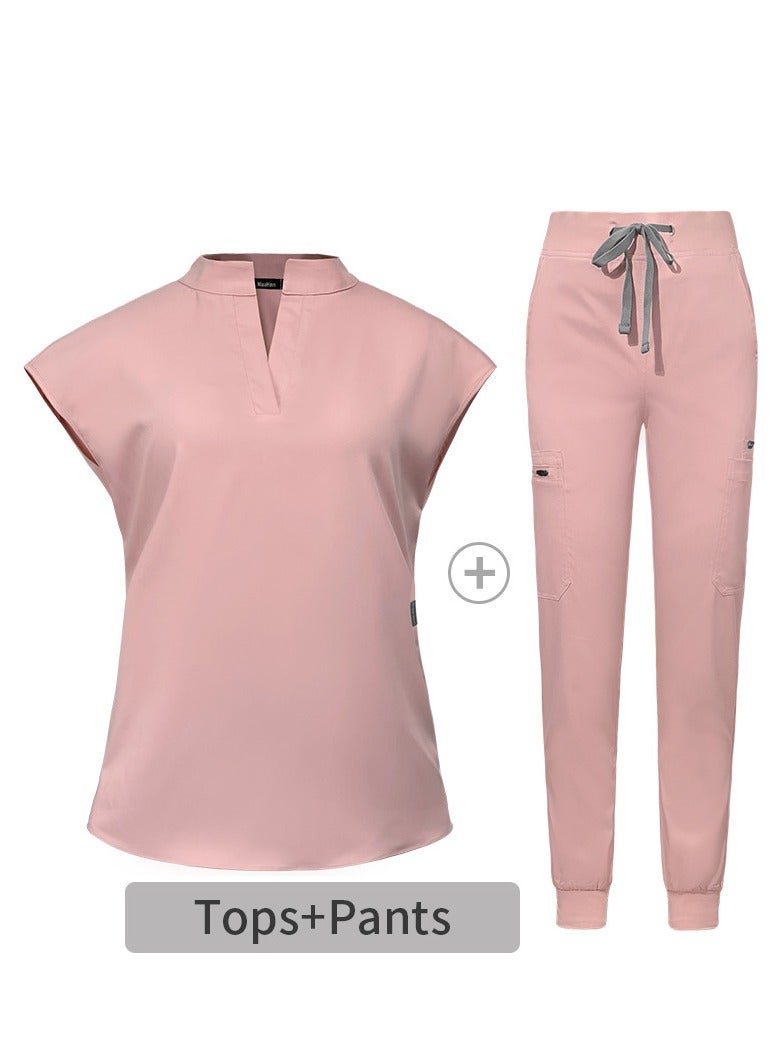 Loquat Womens Medical Uniform Scrubs 2 Piece Set V-Neck Top and Elastic Waist Jogger Pants Suit Pink - Image 1