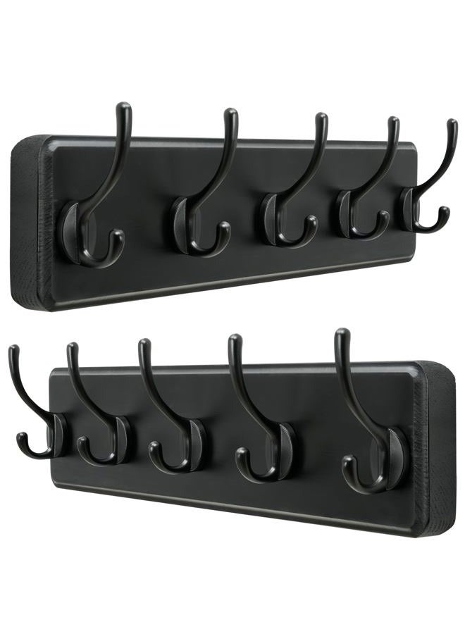 Dseap Coat Rack Wall Mounted with 5 Coat Hooks - Heavy Duty Wooden Wall Coat Hanger for Clothes Hat Jacket Clothing, Natural & Black, 2 Packs - Image 1