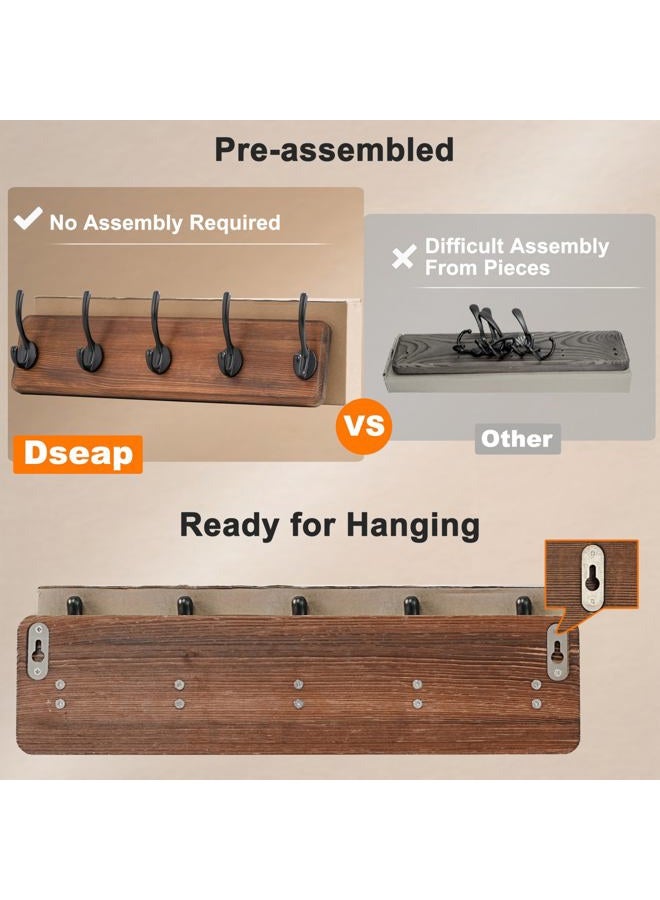Dseap Coat Rack Wall Mounted with 5 Coat Hooks - Heavy Duty Wooden Wall Coat Hanger for Clothes Hat Jacket Clothing, Natural & Black, 2 Packs - Image 3