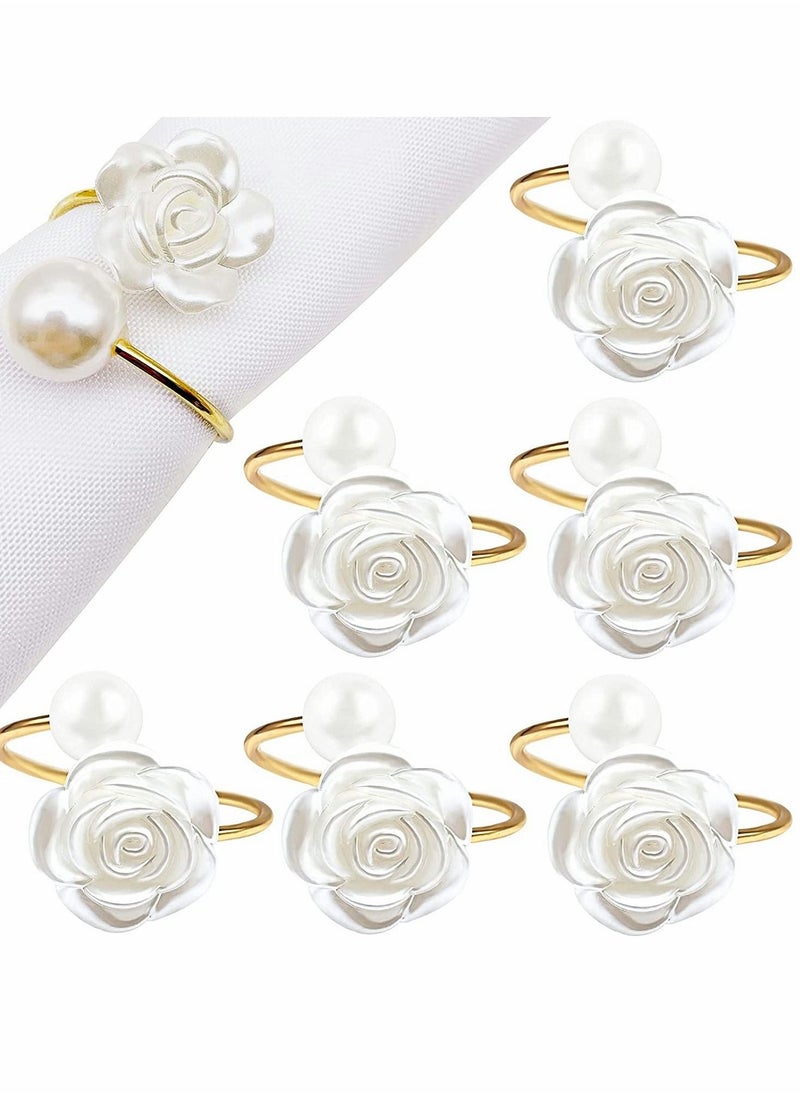 Napkin Rings, White Rose Pearl Dining Table Ring Holder, Vintage Paper Towel Rings for Valentine's Day Wedding Banquet Home Decorations (6 Pcs)  - Image 1