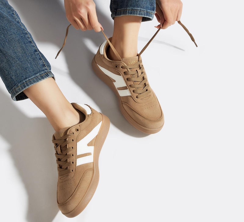 LUCKY STEP Women Classic Retro Gum Sole Fashion Sneakers Casual Tennis Skate Shoe Genuine Leather Walking Footwear Anti Slip Trainers(Light Brown/White,6.5) - Image 2