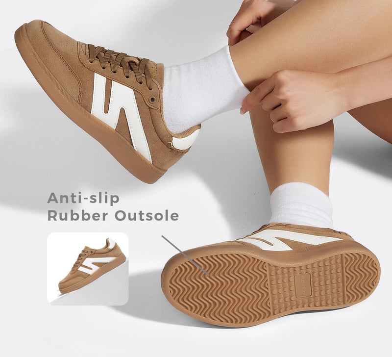 LUCKY STEP Women Classic Retro Gum Sole Fashion Sneakers Casual Tennis Skate Shoe Genuine Leather Walking Footwear Anti Slip Trainers(Light Brown/White,6.5) - Image 5