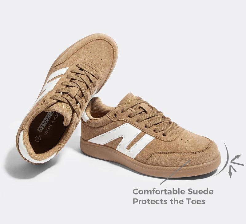 LUCKY STEP Women Classic Retro Gum Sole Fashion Sneakers Casual Tennis Skate Shoe Genuine Leather Walking Footwear Anti Slip Trainers(Light Brown/White,6.5) - Image 4