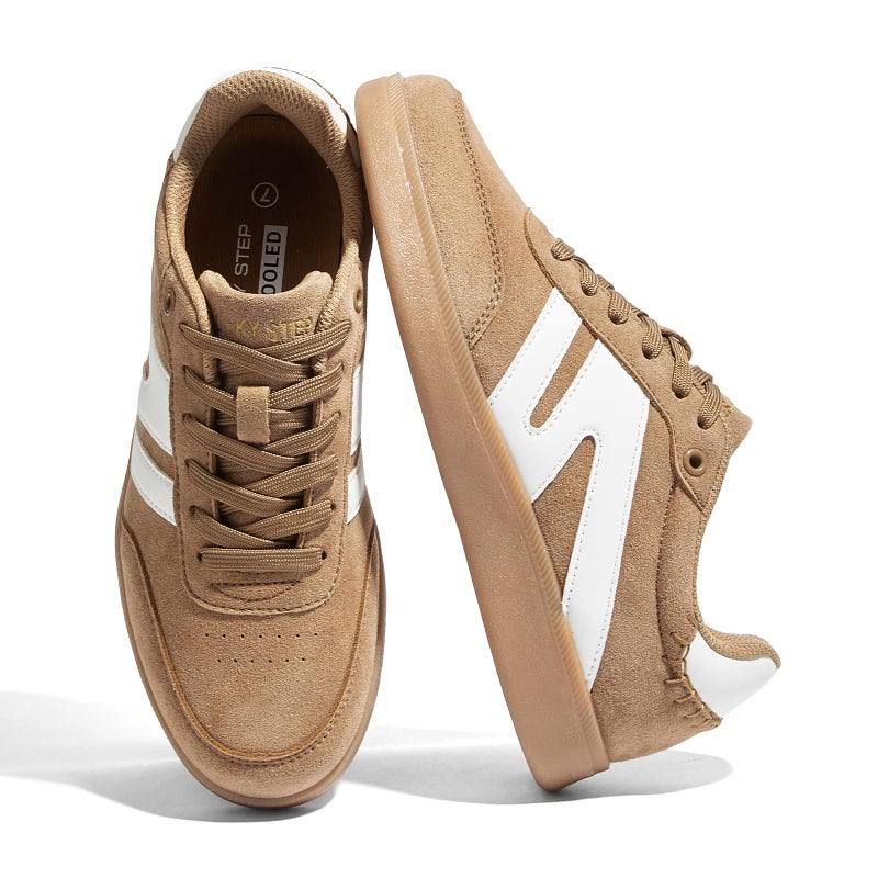 LUCKY STEP Women Classic Retro Gum Sole Fashion Sneakers Casual Tennis Skate Shoe Genuine Leather Walking Footwear Anti Slip Trainers(Light Brown/White,6.5) - Image 1