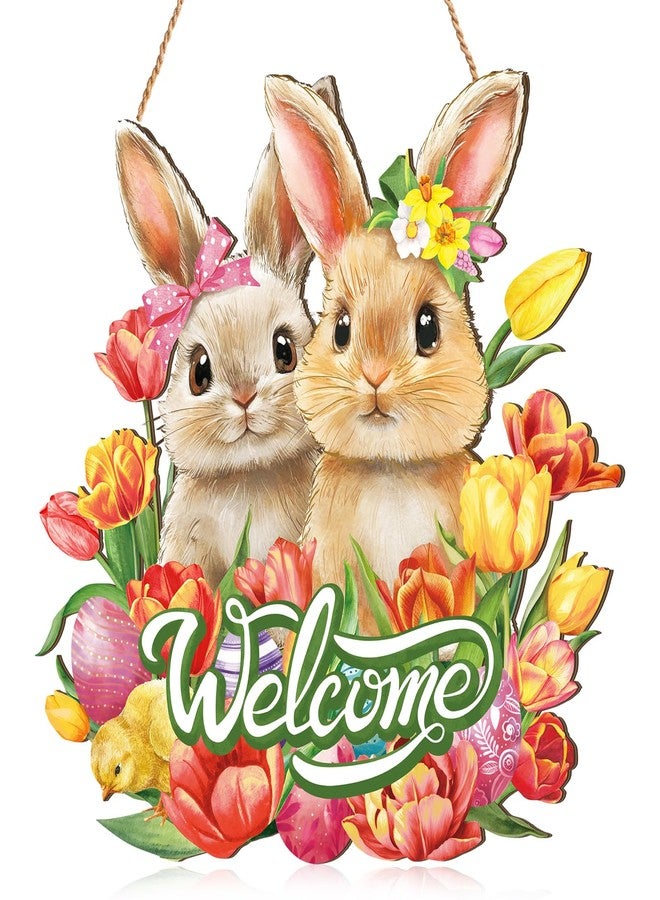 Barydat Easter Wreaths for Front Door Bunny Welcome Wood Sign Door Hanger Spring Decorations Easter Hanging Plaque Rabbit Sign Decorations for Home Shop Garden(Bunnies) - Image 1