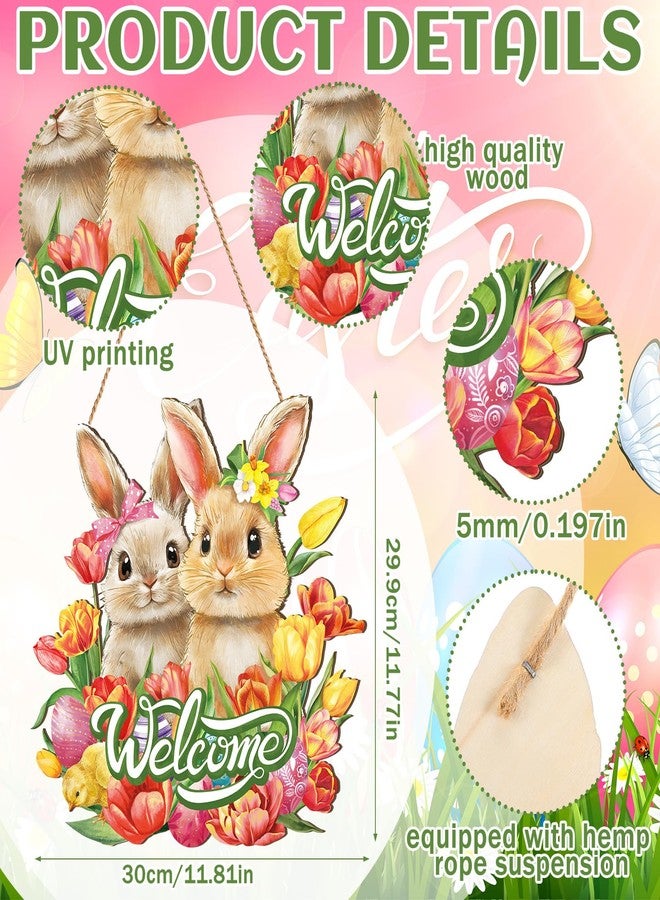 Barydat Easter Wreaths for Front Door Bunny Welcome Wood Sign Door Hanger Spring Decorations Easter Hanging Plaque Rabbit Sign Decorations for Home Shop Garden(Bunnies) - Image 3