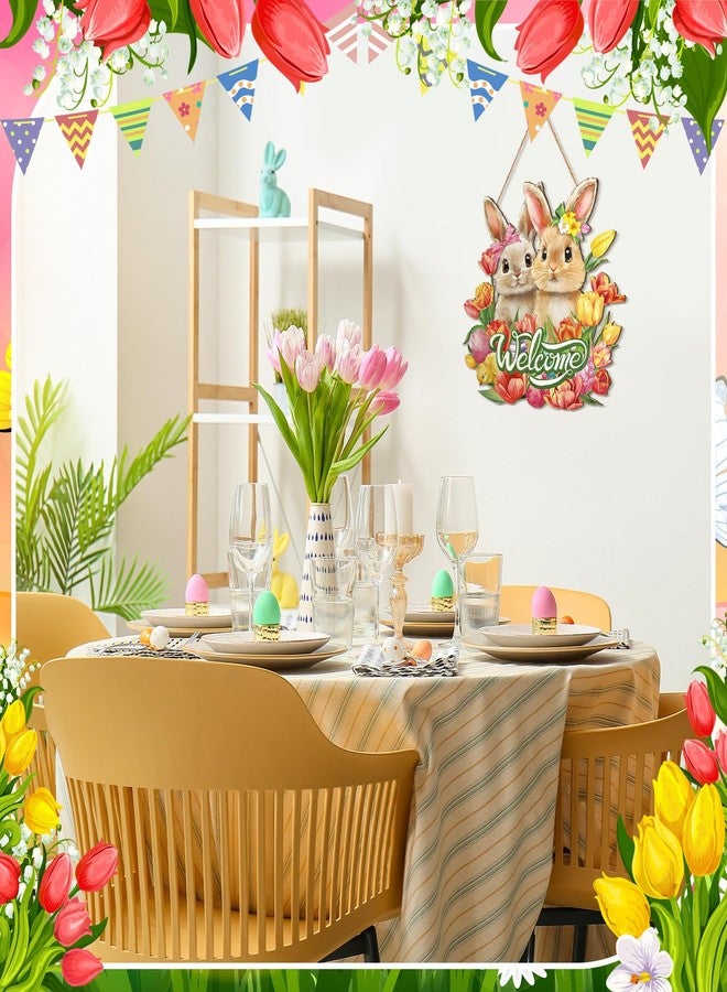 Barydat Easter Wreaths for Front Door Bunny Welcome Wood Sign Door Hanger Spring Decorations Easter Hanging Plaque Rabbit Sign Decorations for Home Shop Garden(Bunnies) - Image 5