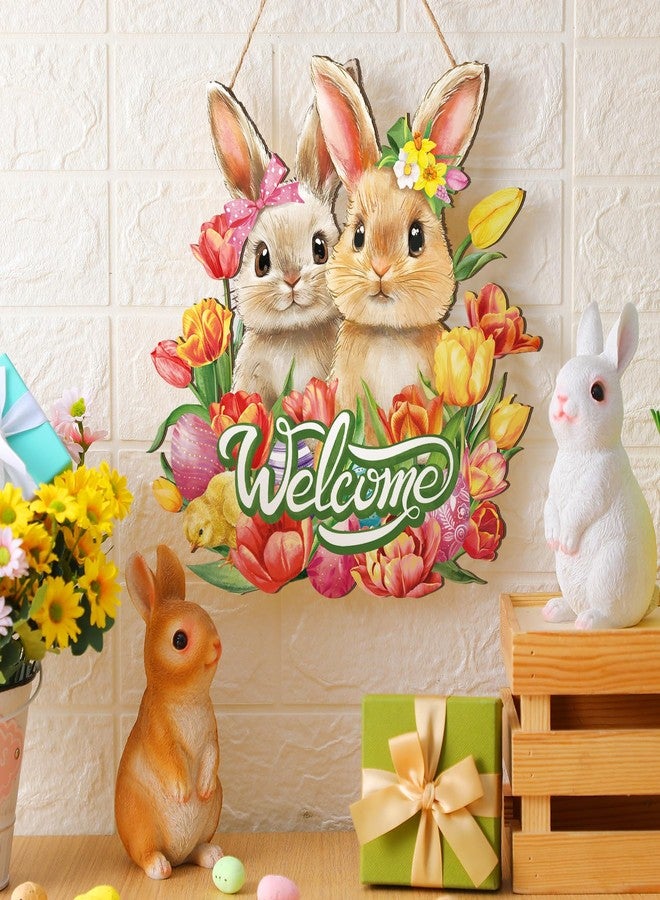 Barydat Easter Wreaths for Front Door Bunny Welcome Wood Sign Door Hanger Spring Decorations Easter Hanging Plaque Rabbit Sign Decorations for Home Shop Garden(Bunnies) - Image 2