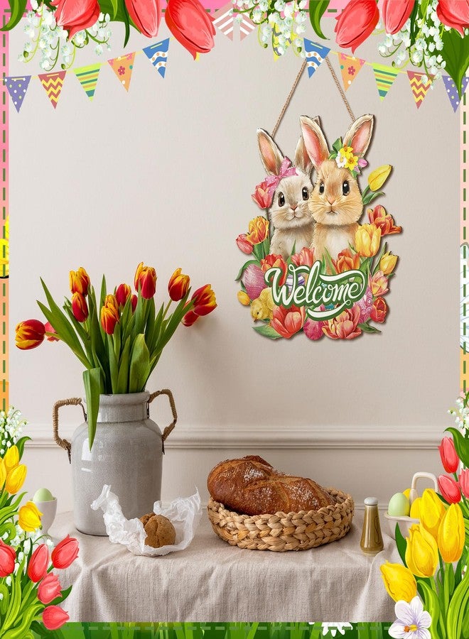 Barydat Easter Wreaths for Front Door Bunny Welcome Wood Sign Door Hanger Spring Decorations Easter Hanging Plaque Rabbit Sign Decorations for Home Shop Garden(Bunnies) - Image 4