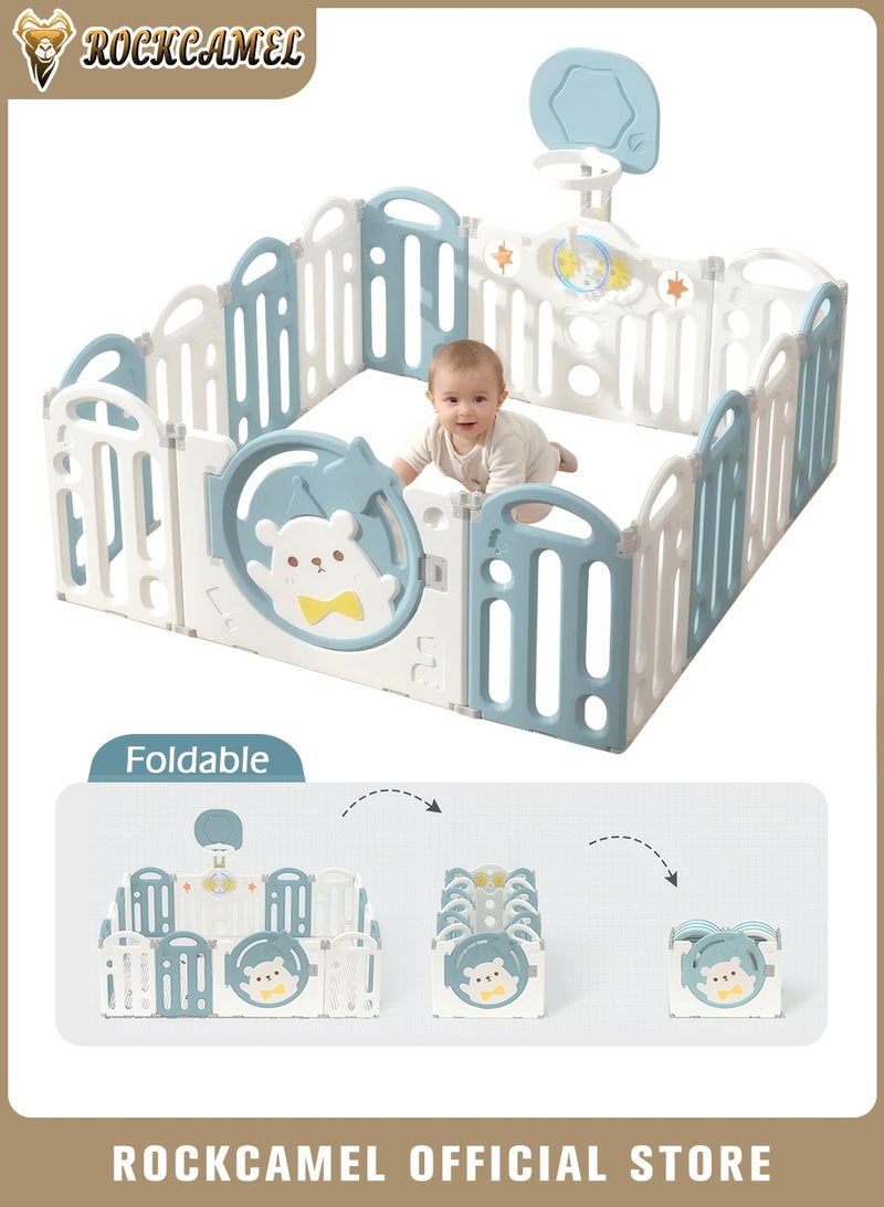ROCKCAMEL Baby Playpen, 14-Panel Foldable Baby Fence with Locking Gate, Kids Activity Center with Non-Slip Rubber Bases, Basketball Ring, Adjustable Shape, Portable Design for Indoor Outdoor Use（Blue，156 x 156cm） - Image 1