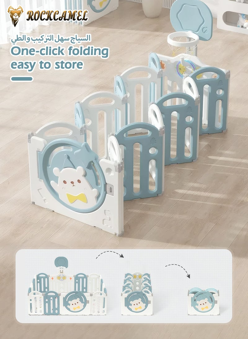 ROCKCAMEL Baby Playpen, 14-Panel Foldable Baby Fence with Locking Gate, Kids Activity Center with Non-Slip Rubber Bases, Basketball Ring, Adjustable Shape, Portable Design for Indoor Outdoor Use（Blue，156 x 156cm） - Image 2