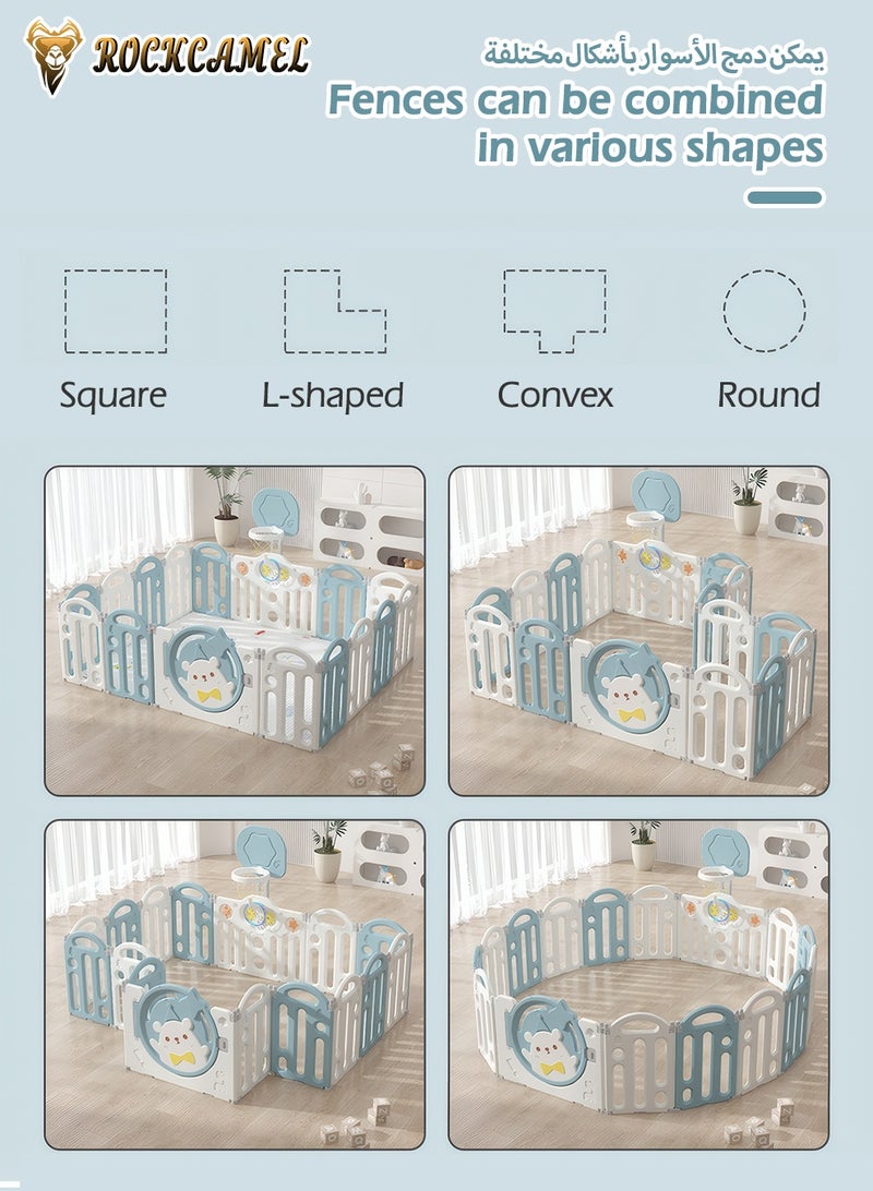 ROCKCAMEL Baby Playpen, 14-Panel Foldable Baby Fence with Locking Gate, Kids Activity Center with Non-Slip Rubber Bases, Basketball Ring, Adjustable Shape, Portable Design for Indoor Outdoor Use（Blue，156 x 156cm） - Image 3