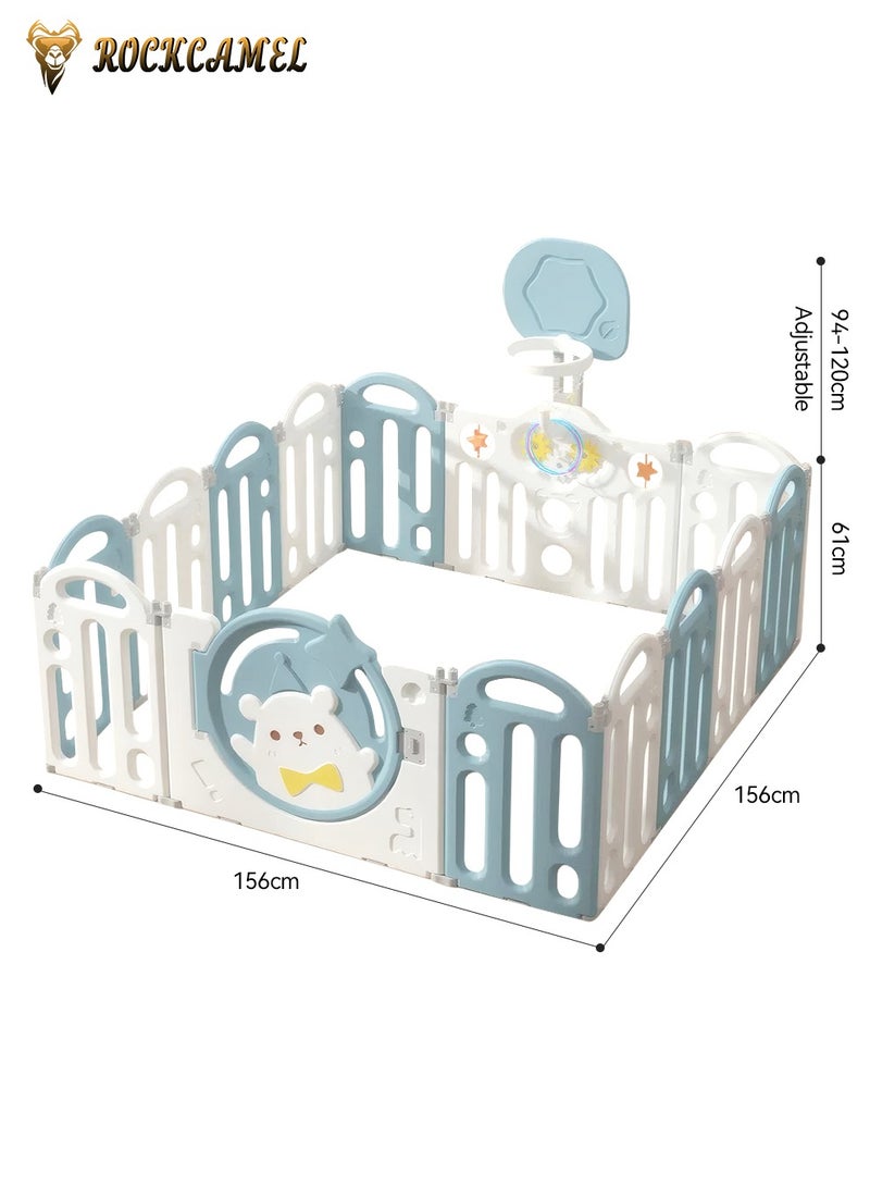 ROCKCAMEL Baby Playpen, 14-Panel Foldable Baby Fence with Locking Gate, Kids Activity Center with Non-Slip Rubber Bases, Basketball Ring, Adjustable Shape, Portable Design for Indoor Outdoor Use（Blue，156 x 156cm） - Image 4
