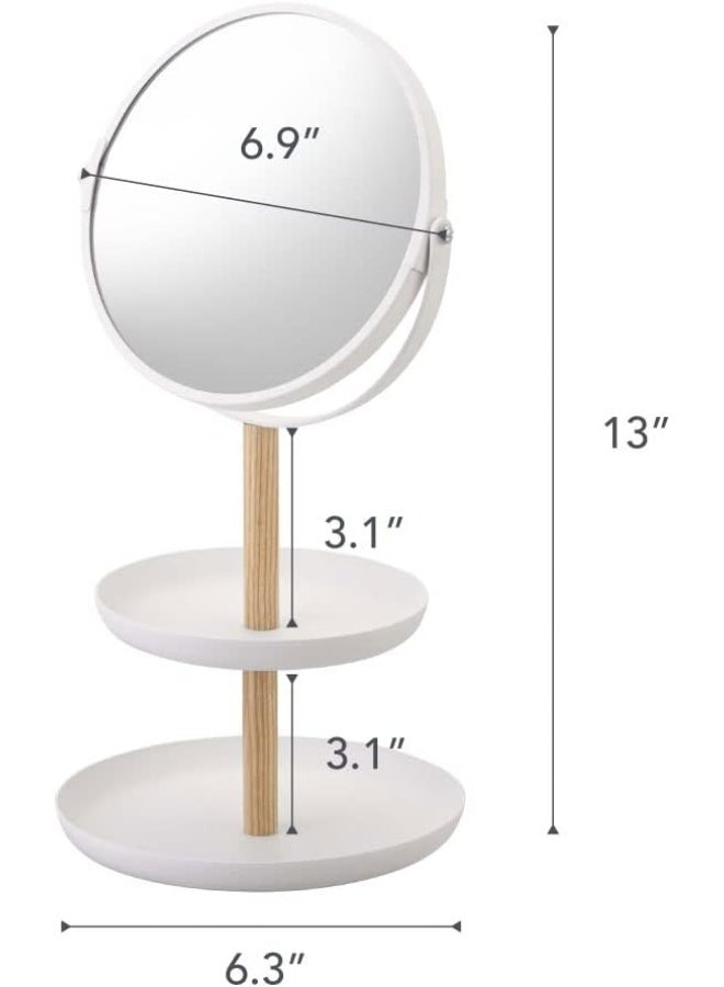 YAMAZAKI Home Tosca Round Standing Mirror with Two-Tiered Accessory Trays, Bathroom and Bedroom Organizer - Steel + Wood - Image 3