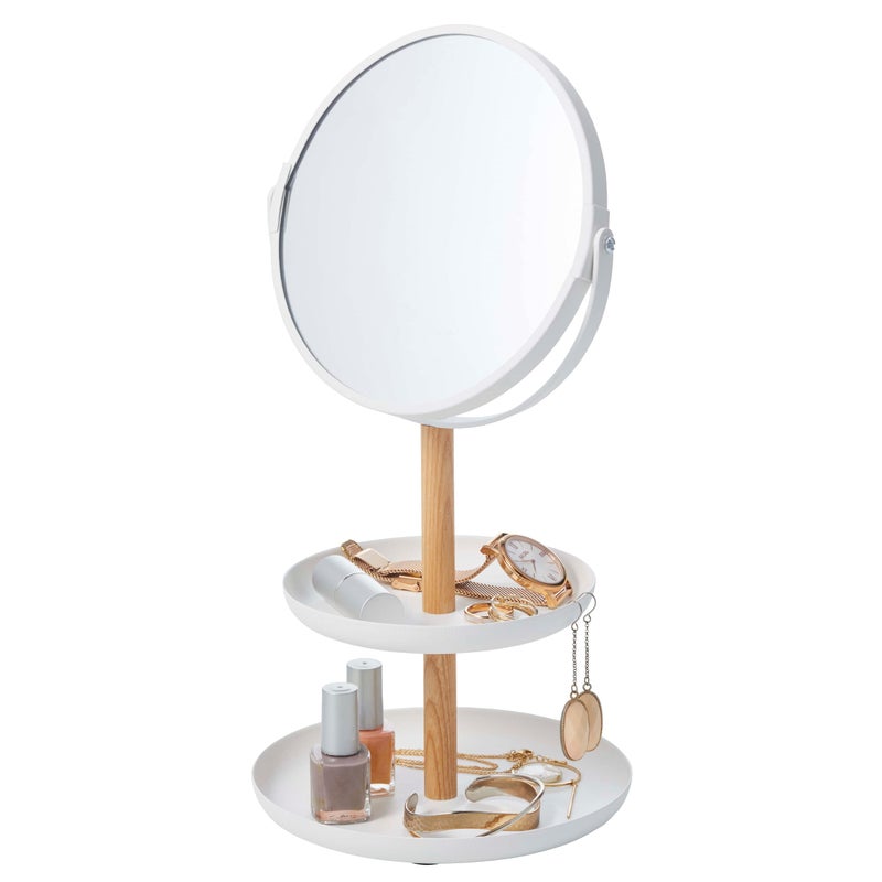 YAMAZAKI Home Tosca Round Standing Mirror with Two-Tiered Accessory Trays, Bathroom and Bedroom Organizer - Steel + Wood - Image 1