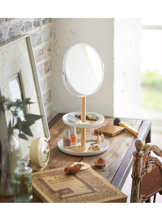YAMAZAKI Home Tosca Round Standing Mirror with Two-Tiered Accessory Trays, Bathroom and Bedroom Organizer - Steel + Wood - Image 4