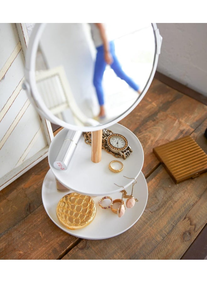 YAMAZAKI Home Tosca Round Standing Mirror with Two-Tiered Accessory Trays, Bathroom and Bedroom Organizer - Steel + Wood - Image 2