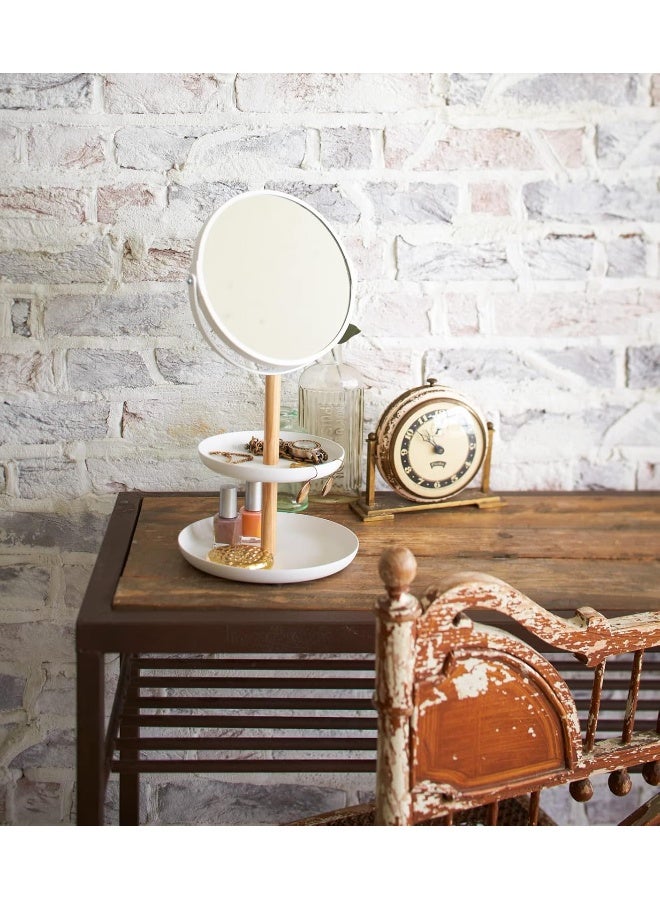 YAMAZAKI Home Tosca Round Standing Mirror with Two-Tiered Accessory Trays, Bathroom and Bedroom Organizer - Steel + Wood - Image 5