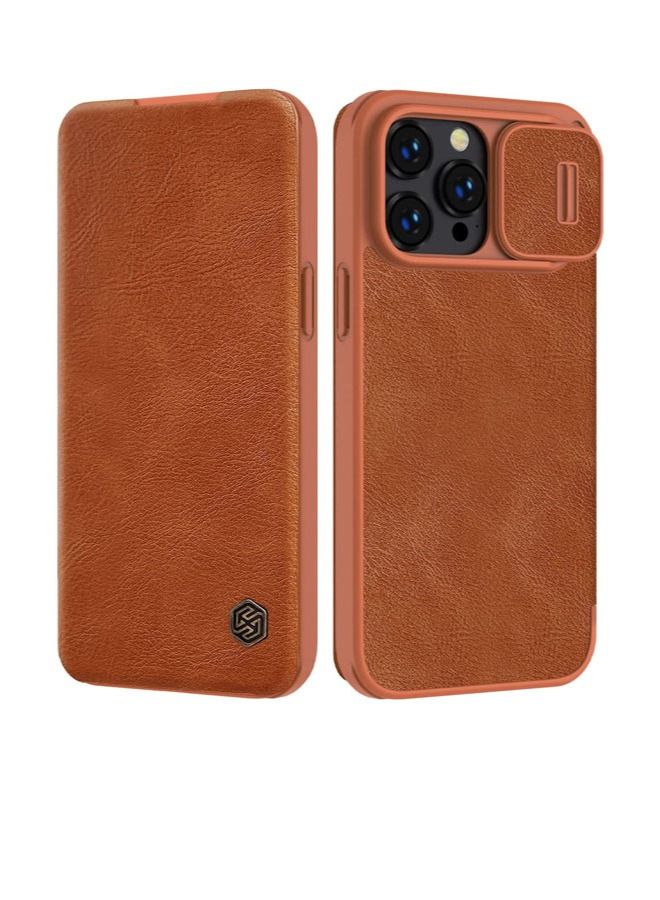 Nillkin iPhone 14 Pro Max Wallet Case with Camera Cover and Card Holder PU Leather Case Flip Cover with Slide Camera Protection 6.7 inch Brown Brown - Image 1