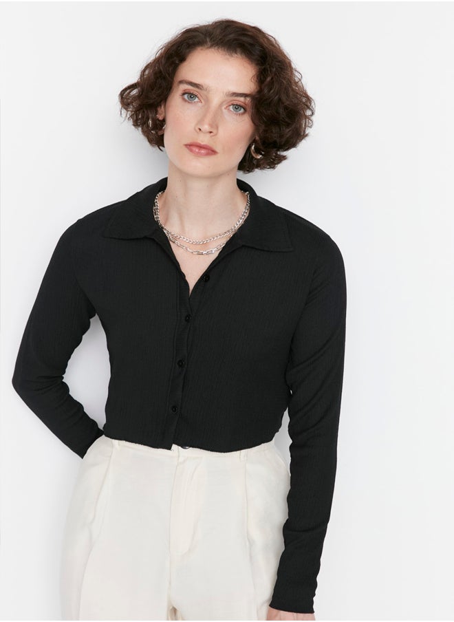 trendyol - Black Button Fitted Polo Neck Ruffle/Textured Crop Knitted Blouse TWOAW22BZ0241 - Image 1