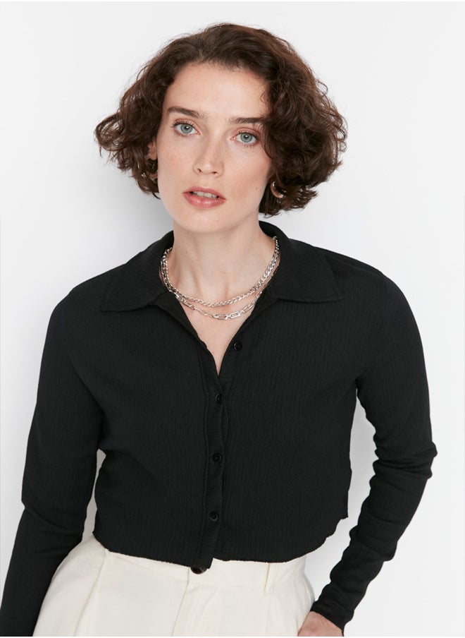 trendyol - Black Button Fitted Polo Neck Ruffle/Textured Crop Knitted Blouse TWOAW22BZ0241 - Image 1