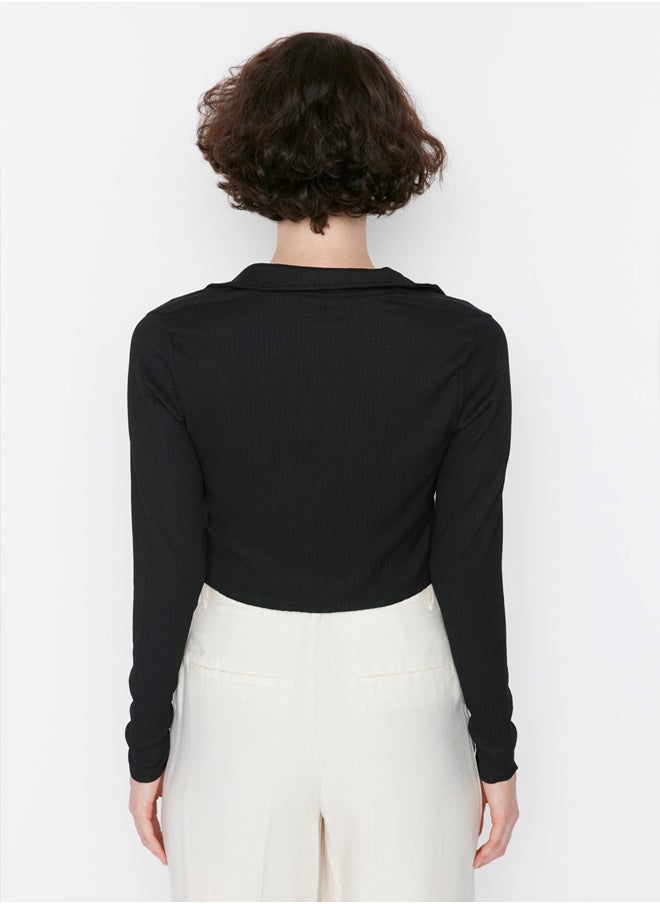 trendyol - Black Button Fitted Polo Neck Ruffle/Textured Crop Knitted Blouse TWOAW22BZ0241 - Image 1