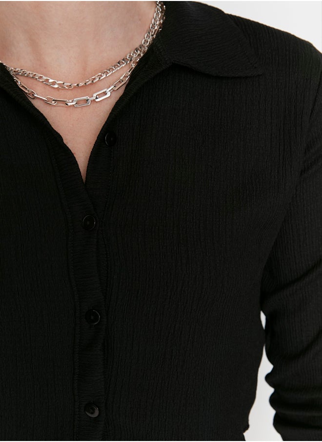 trendyol - Black Button Fitted Polo Neck Ruffle/Textured Crop Knitted Blouse TWOAW22BZ0241 - Image 1