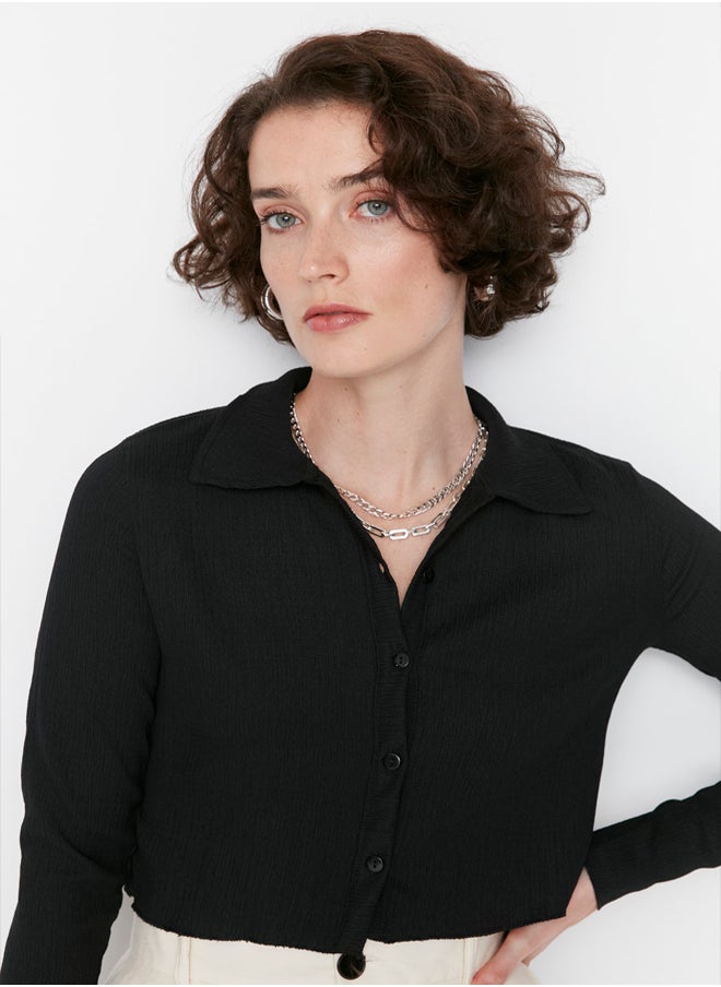 trendyol - Black Button Fitted Polo Neck Ruffle/Textured Crop Knitted Blouse TWOAW22BZ0241 - Image 1