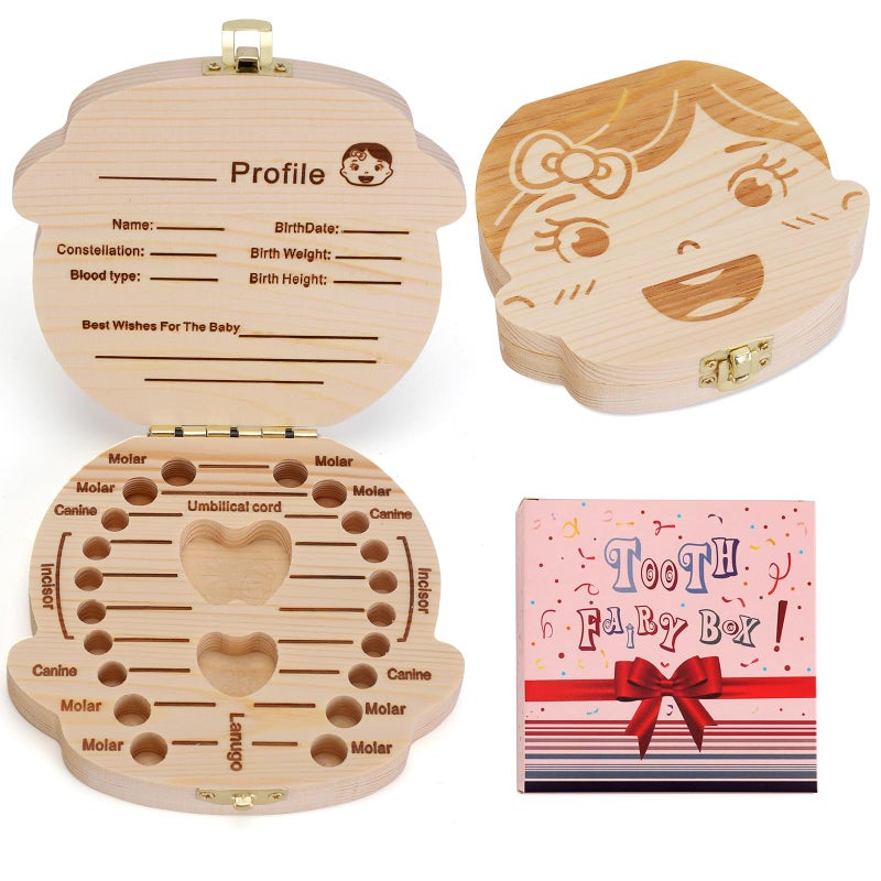 NASHRIO Baby Tooth Box Wooden Kids Keepsake Organizer Gift for Baby Teeth, Cute Children Tooth Container with Tweezers to Keep the Childwood Memory (Gril) - Image 1