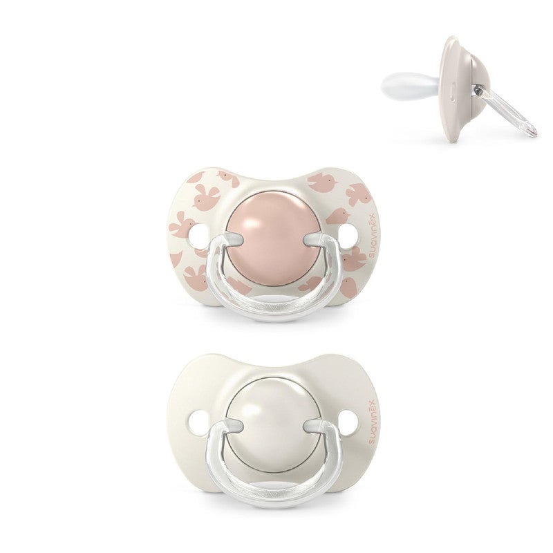 Suavinex, Pack of 2 Pacifiers for Babies 6/18 Months, with Physiological Silicone Teat SX Pro Symmetrical, Flat and Flexible, Respects Oral Development, Birdies Pink - Image 1