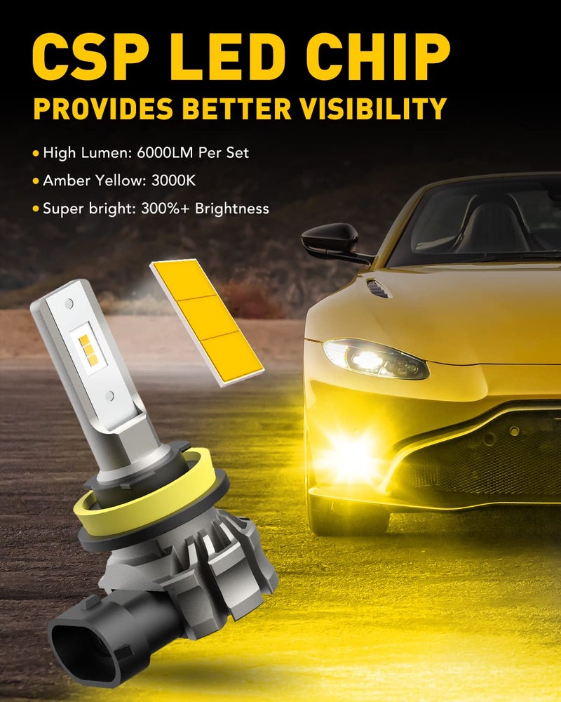 AUXITO H11/H8/H16 LED Fog Light Bulbs or DRL, 6000 Lumens 3000K Amber Yellow Light, 300% Brightness, CSP LED Chips Fog Lamps Replacement for Cars, Play and Plug (Pack of 2) - Image 2