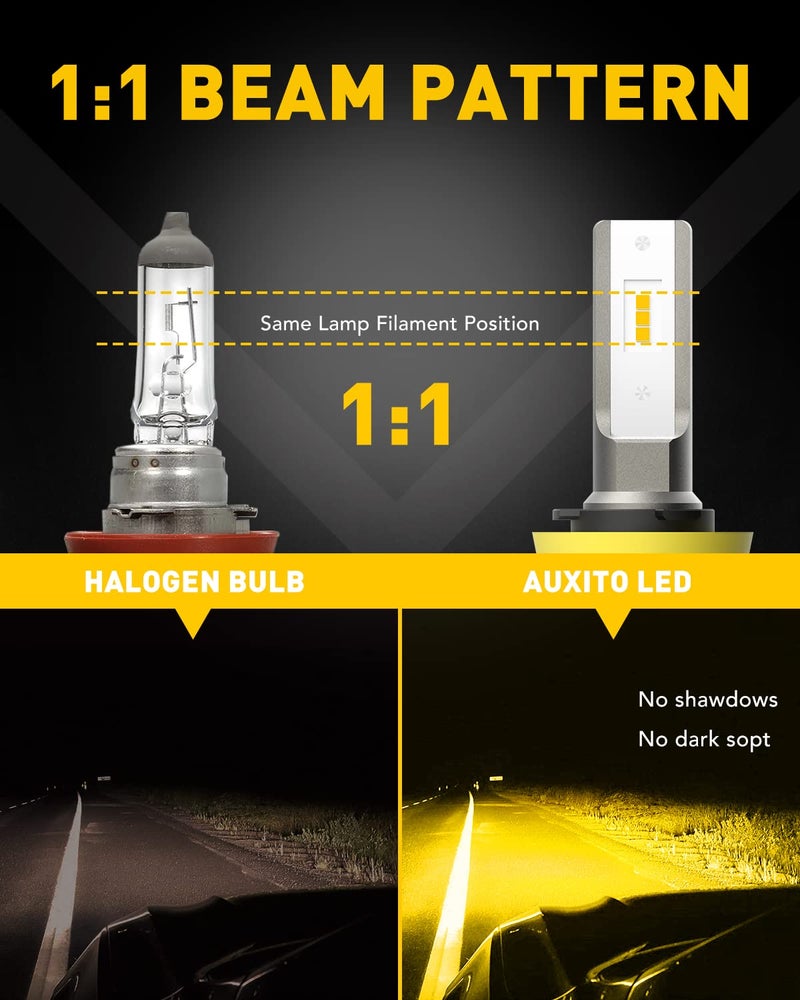 AUXITO H11/H8/H16 LED Fog Light Bulbs or DRL, 6000 Lumens 3000K Amber Yellow Light, 300% Brightness, CSP LED Chips Fog Lamps Replacement for Cars, Play and Plug (Pack of 2) - Image 4