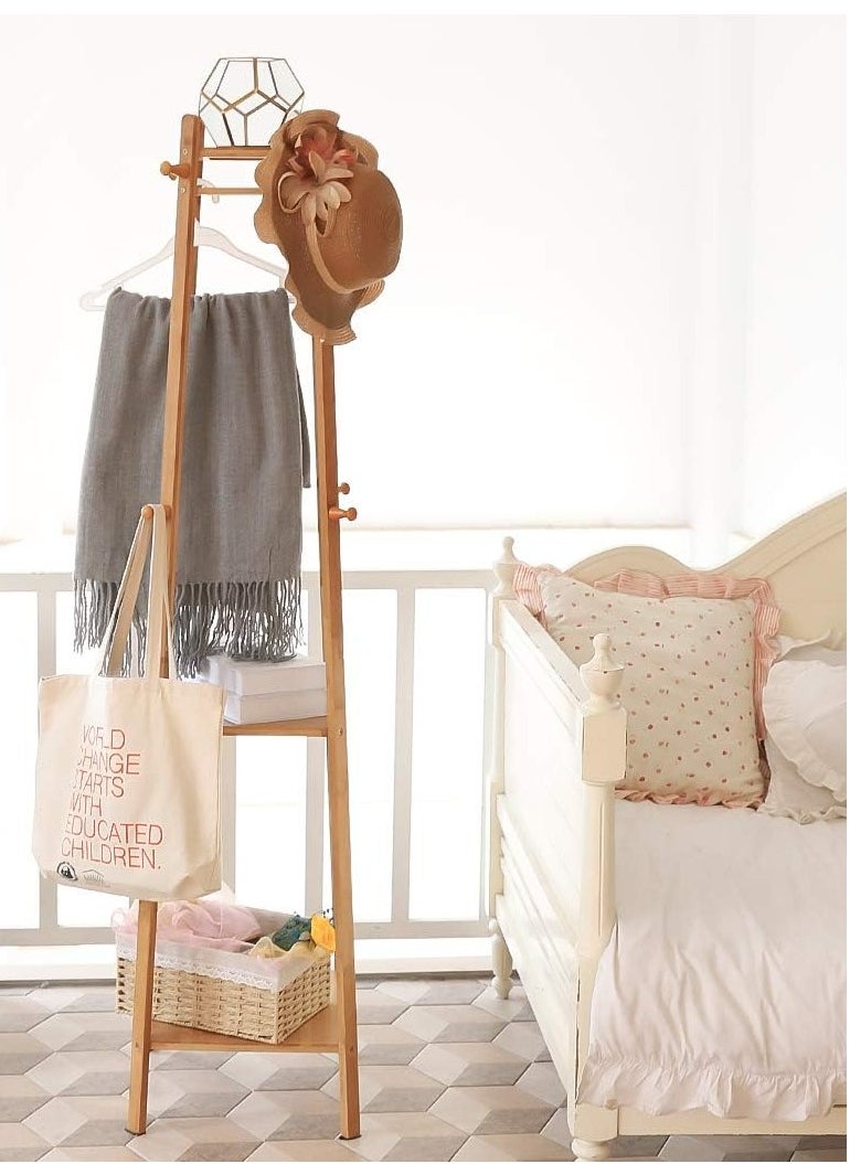Generic Bamboo Clothes Hanger Stand Coat Rack with 2 Storage Shelves Free Standing Hall Trees with Hooks Clothes Rail for Entryway Clothes Hats Handbags  - Image 2