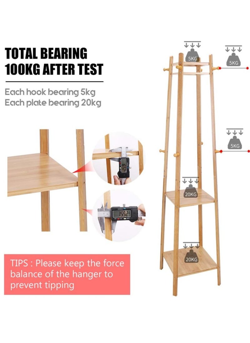 Generic Bamboo Clothes Hanger Stand Coat Rack with 2 Storage Shelves Free Standing Hall Trees with Hooks Clothes Rail for Entryway Clothes Hats Handbags  - Image 3